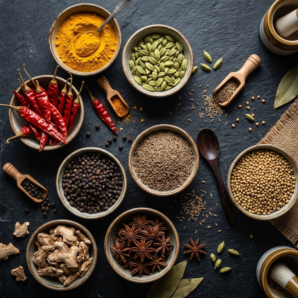 Premium Indian spice collection - Custom curated turmeric, cardamom, cumin, red chilli - High-quality agricultural products